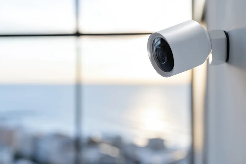 Modern security camera mounted on a wall overlooking a blurred cityscape through a window