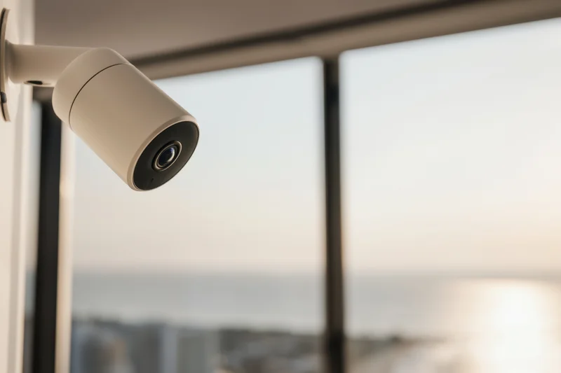 Modern security camera mounted on wall near window overlooking cityscape at dusk