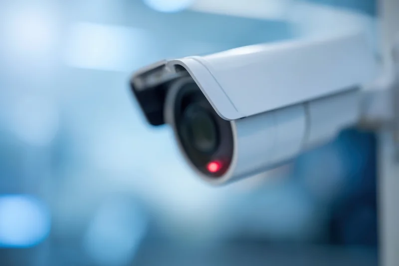 White security camera mounted on wall with red indicator light visible in indoor setting