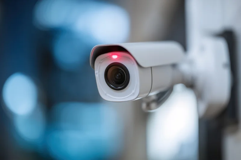 White security camera mounted on wall with red indicator light illuminated in dimly lit indoor setting