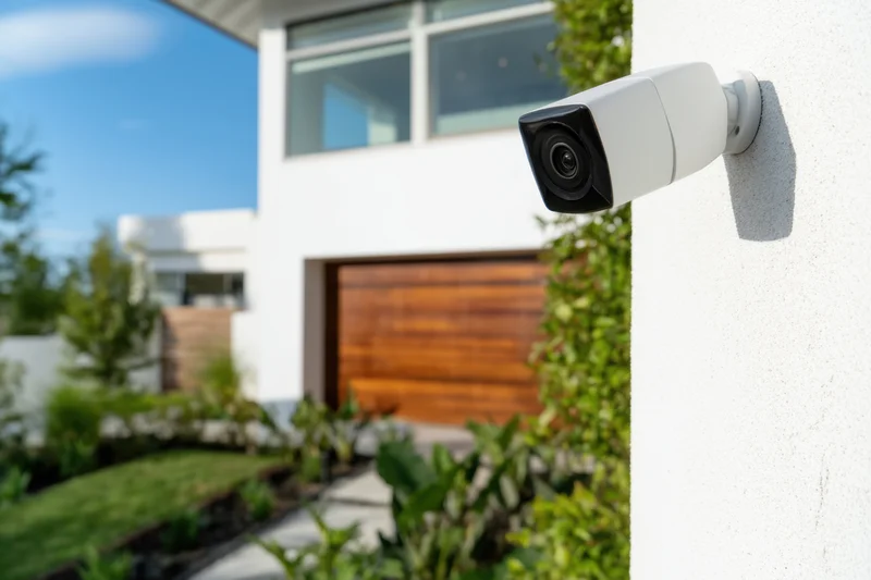 Modern security camera mounted on white exterior wall of a residential home with garden and garage in background