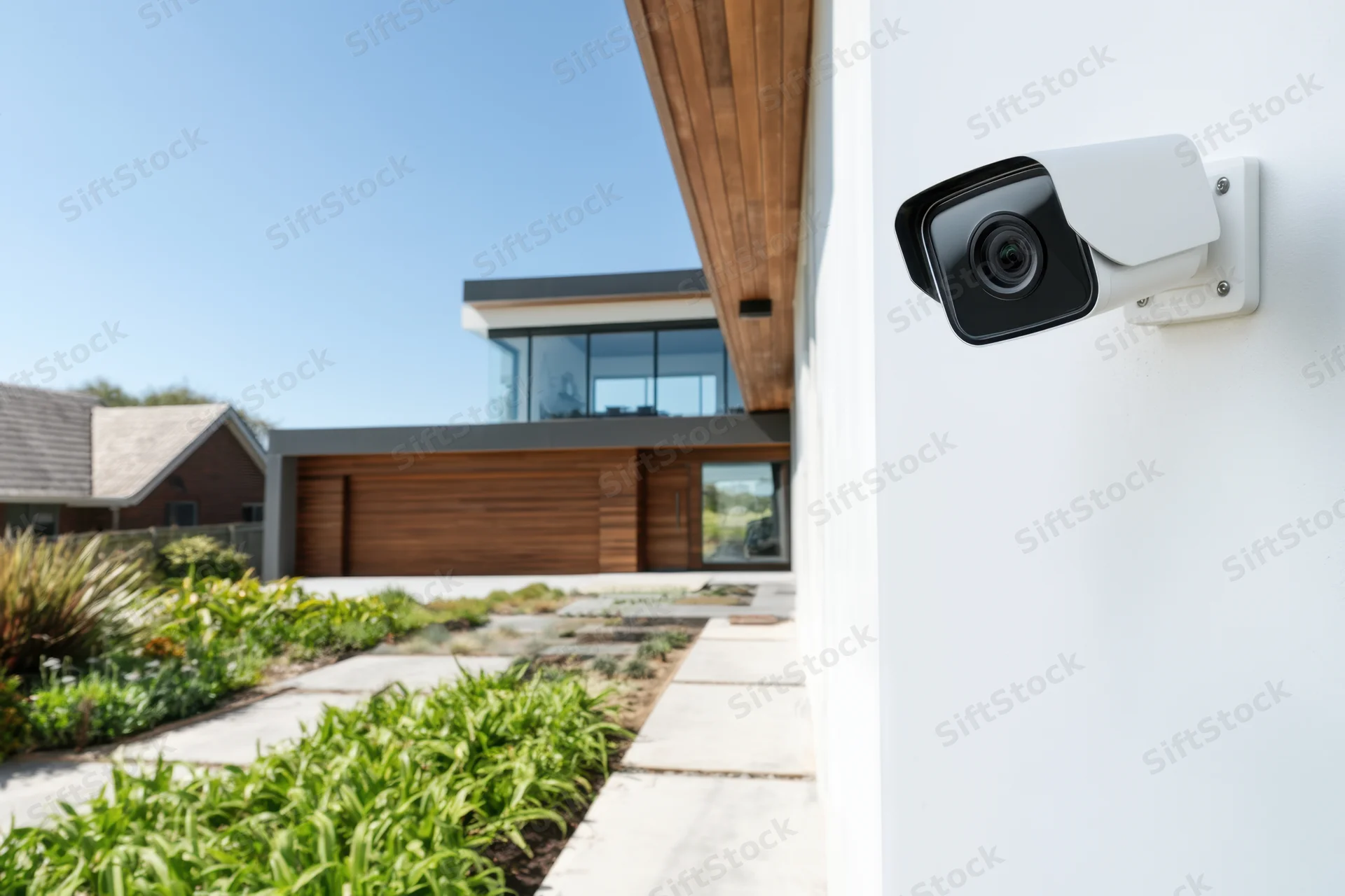 Modern security camera mounted on white exterior wall of a contemporary house with garden and pathway in view