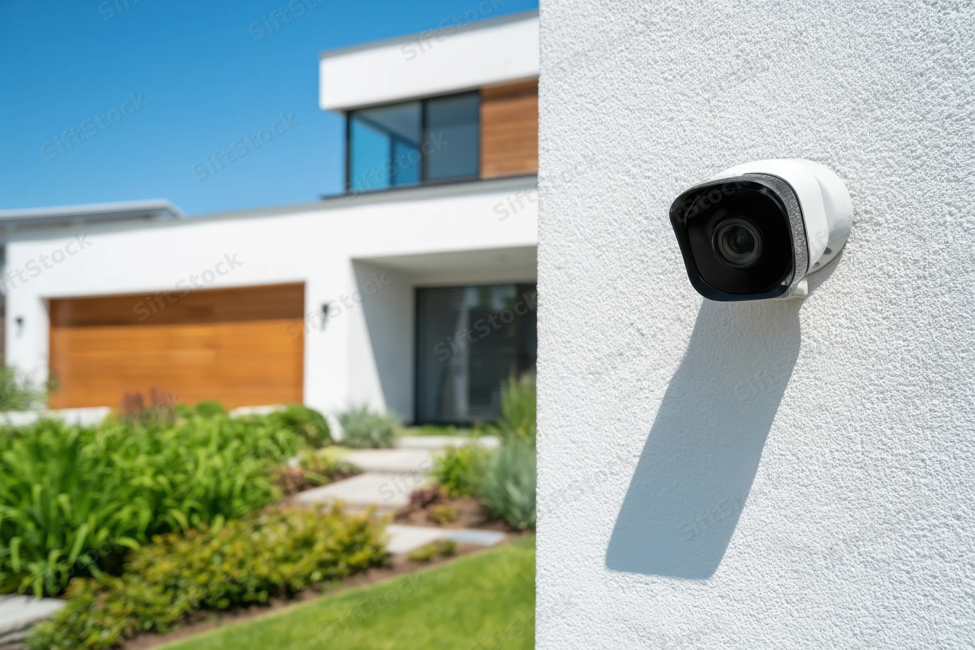 Security camera mounted on white exterior wall of modern house with garden and garage in background