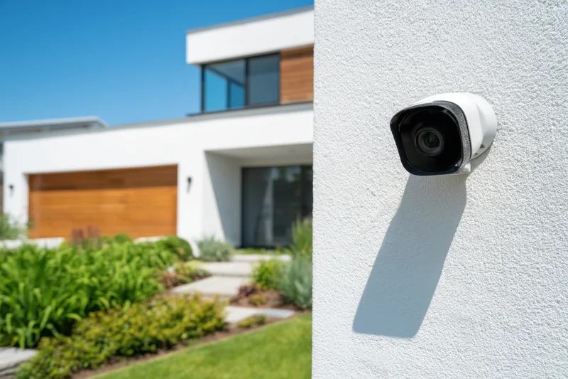 Security camera mounted on white exterior wall of modern house with garden and garage in background