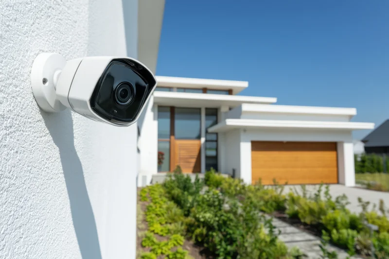 Security camera mounted on white exterior wall of modern house with garage and garden in background