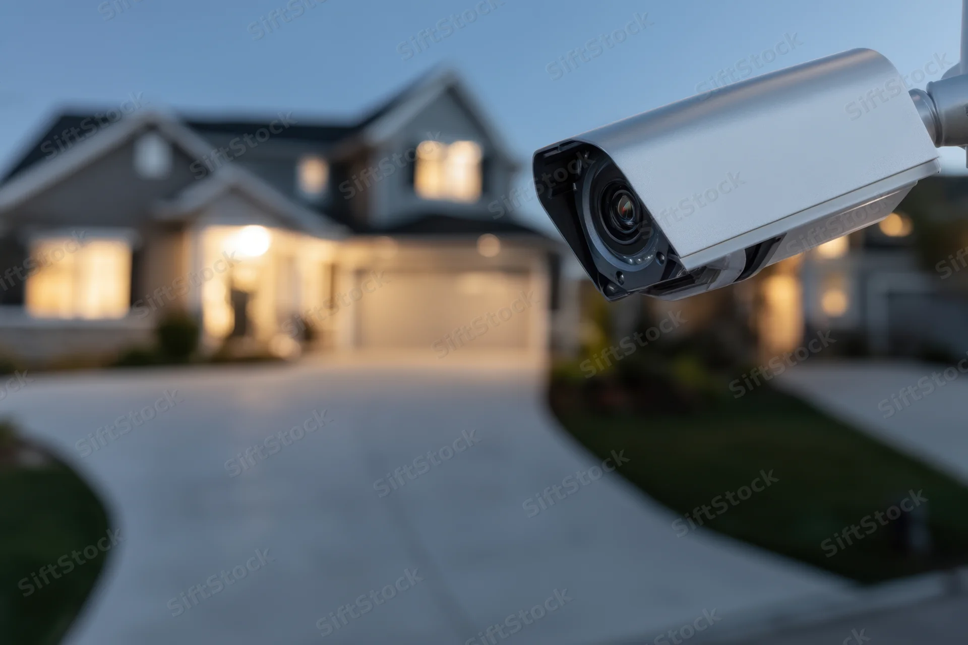 Security camera mounted outdoors facing a modern house at dusk with illuminated windows and driveway