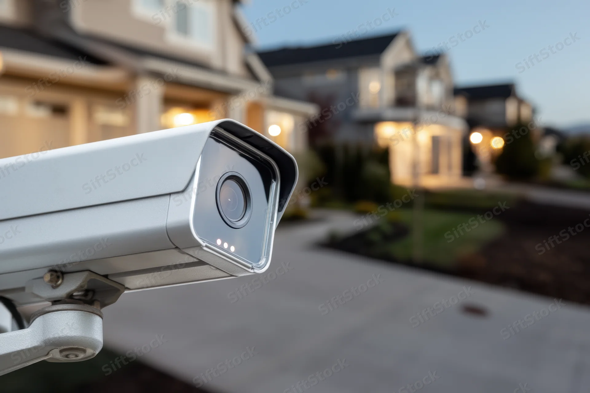 Modern security camera mounted outdoors facing a residential street at dusk