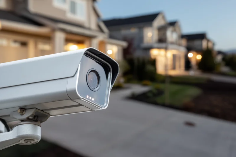 Modern security camera mounted outdoors facing a residential street at dusk
