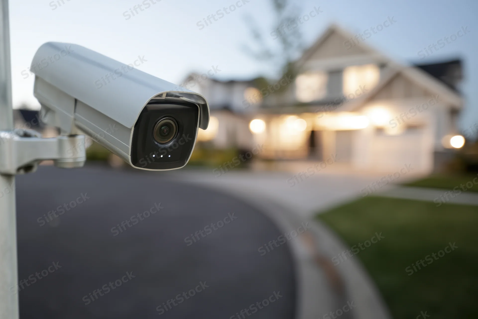 Security camera mounted on a pole overlooking a suburban house at dusk