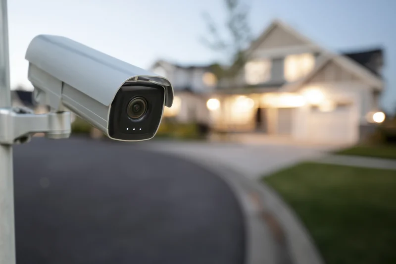 Security camera mounted on a pole overlooking a suburban house at dusk
