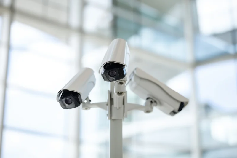 Three white security cameras mounted on a pole indoors with blurred background