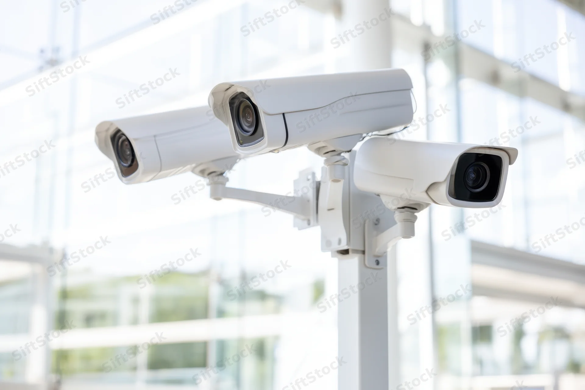 Three white security cameras mounted on a pole outside a modern glass building