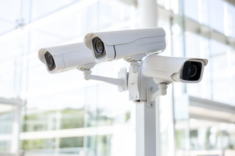 Three white security cameras mounted on a pole outside a modern glass building