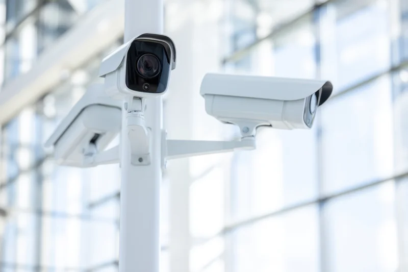 Three white security cameras mounted on a pole outside a modern glass building