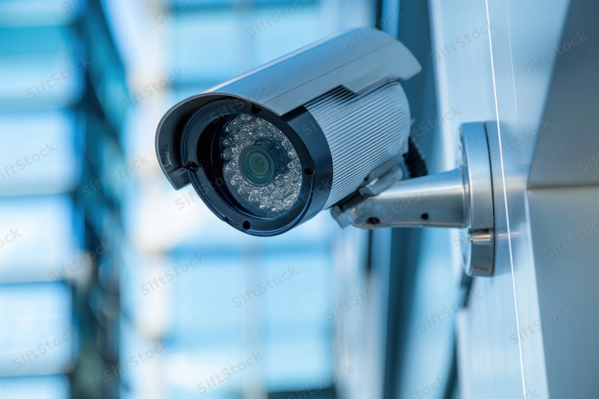 Security surveillance camera mounted on a sleek wall outside a modern building