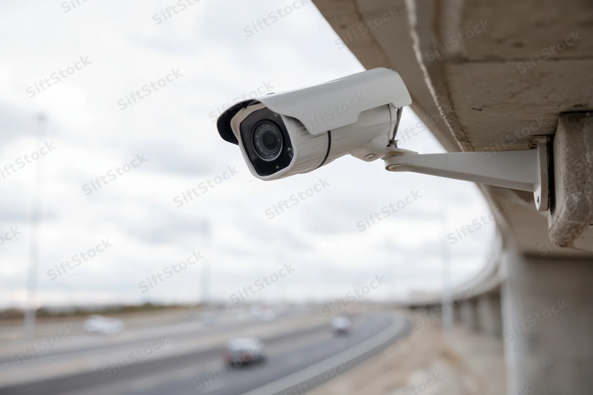 Surveillance camera mounted on concrete overpass support overlooking highway traffic