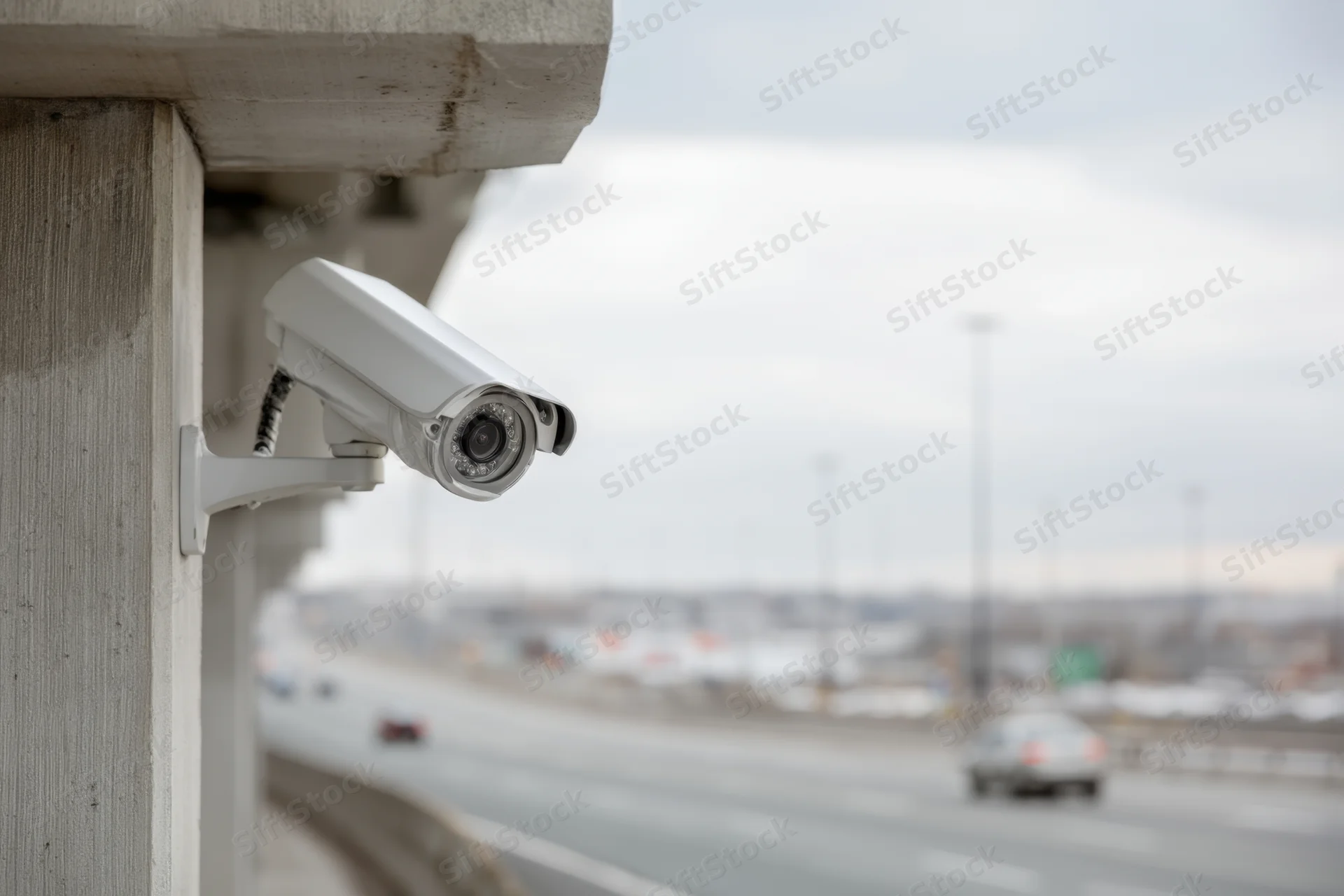 Surveillance camera mounted on concrete support overlooking highway traffic