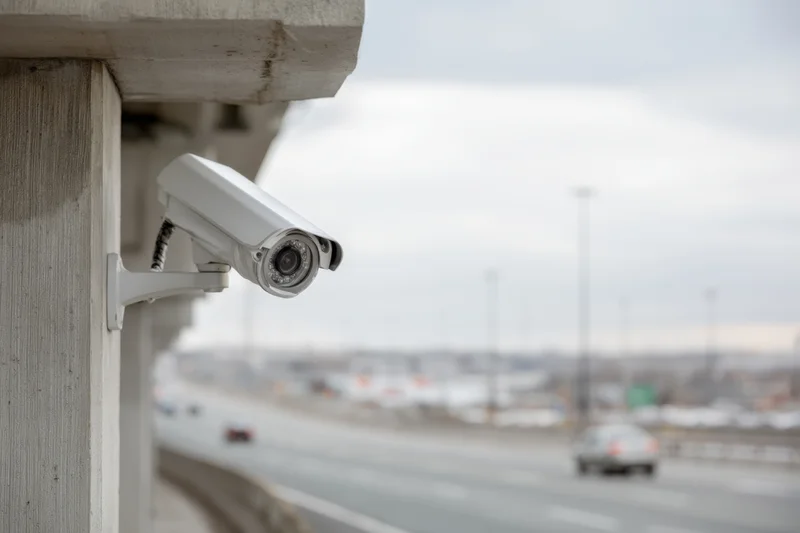 Surveillance camera mounted on concrete support overlooking highway traffic