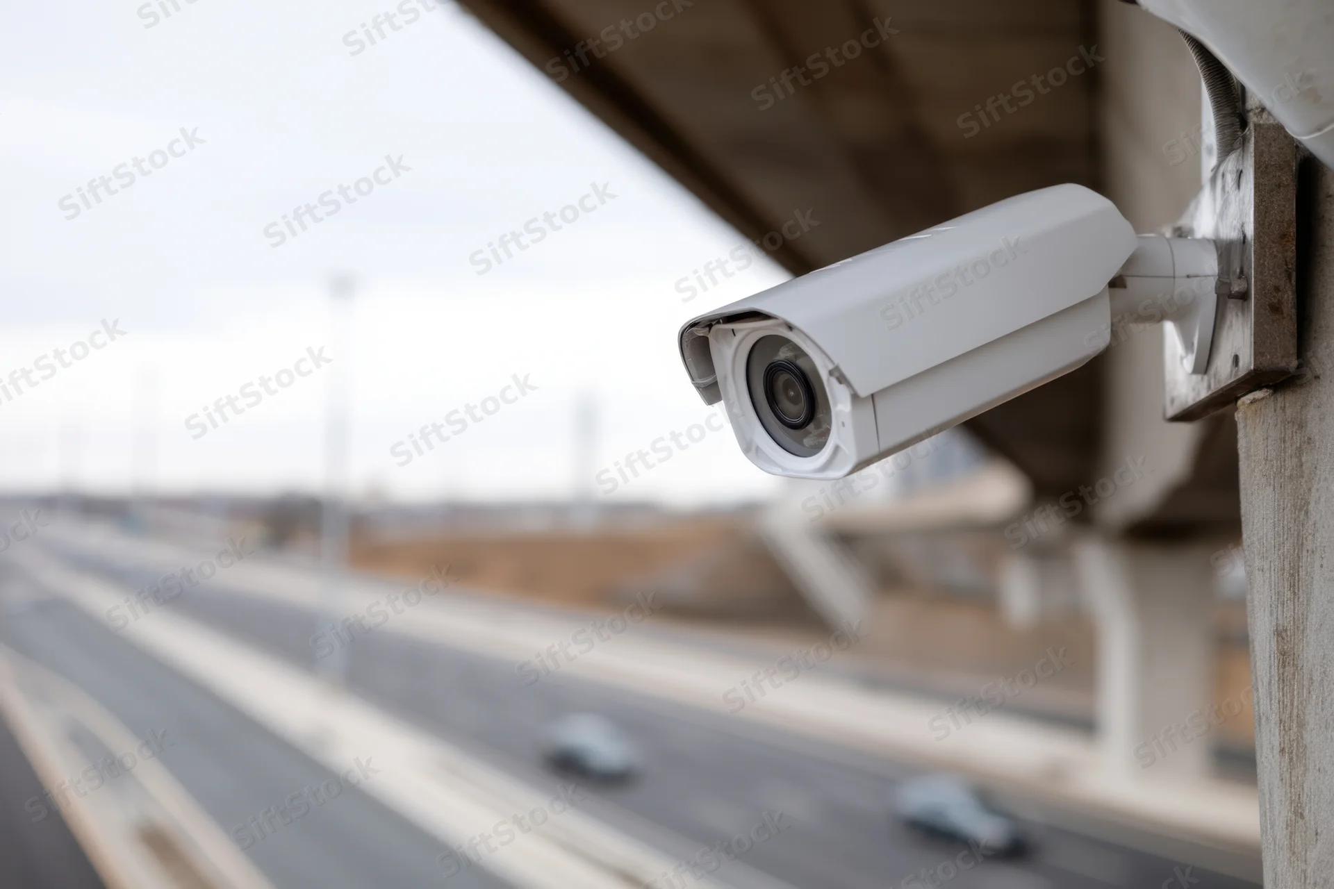 White surveillance camera mounted on concrete support overlooking highway traffic
