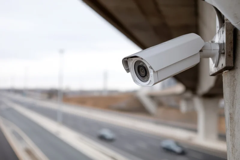 White surveillance camera mounted on concrete support overlooking highway traffic