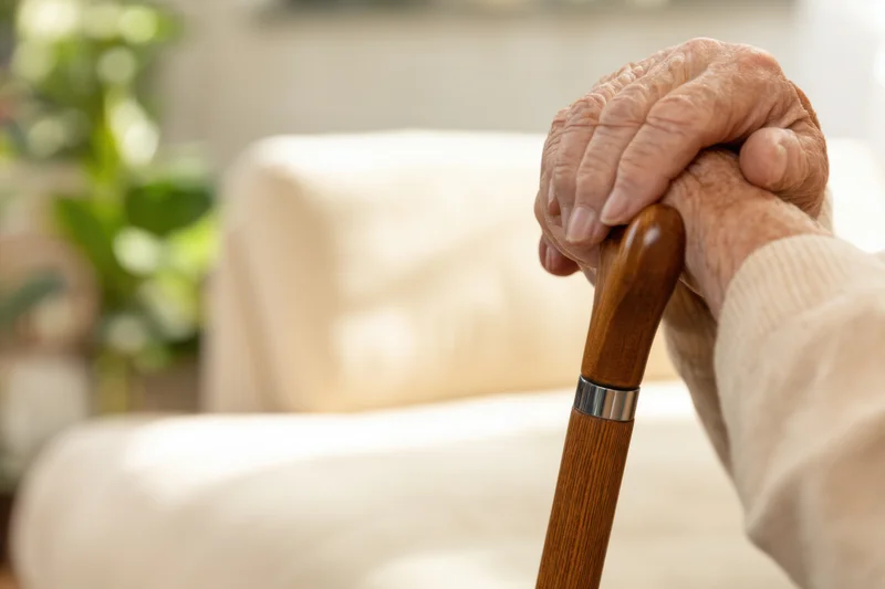 Aged hands gripping a wooden cane resting on a sofa in a home setting