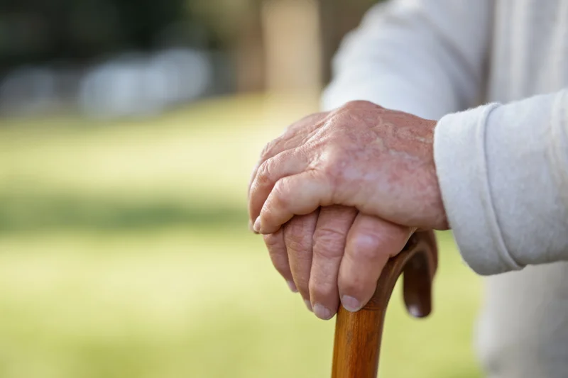 Senior hands gripping a wooden cane outdoors in a garden setting