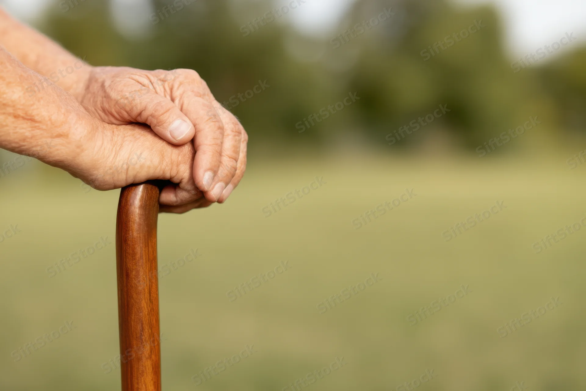 Senior hands gripping a wooden cane outdoors on a grassy field