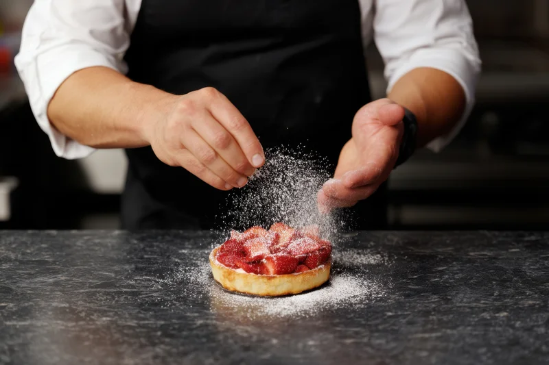 Pastry chef sprinkling powdered sugar onto a strawberry tart on a dark countertop