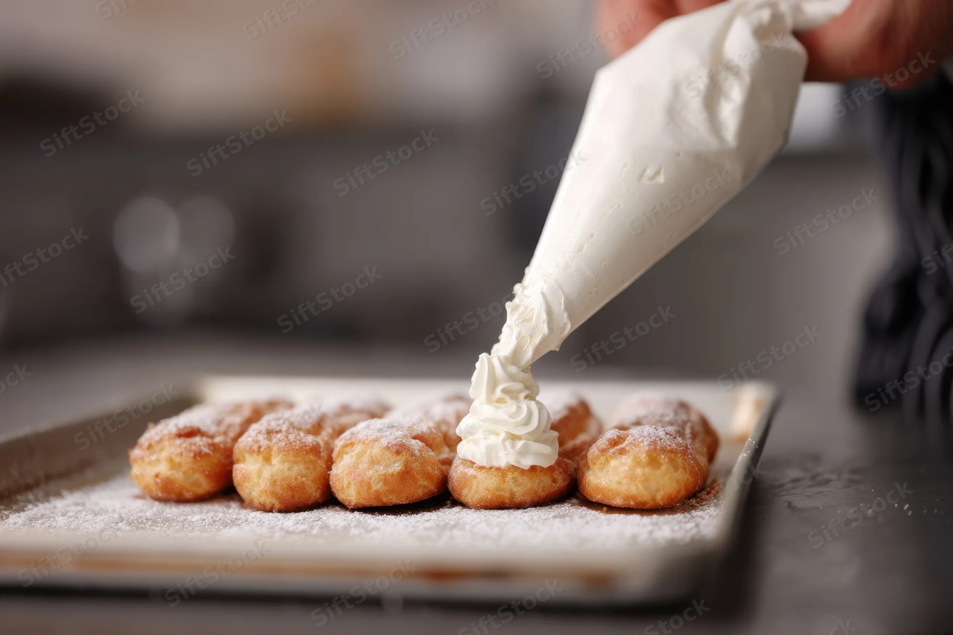 Pastry chef piping cream onto eclairs on a tray in a kitchen