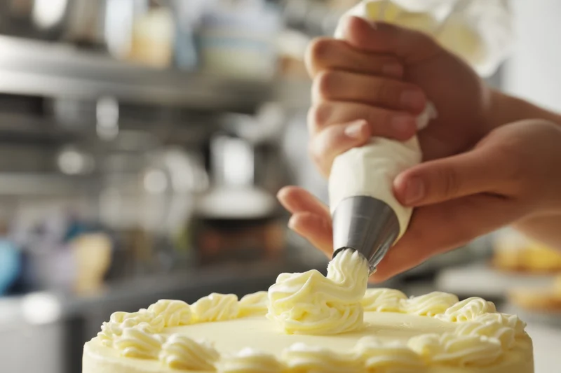 Pastry chef piping cream frosting onto a yellow cake in a kitchen