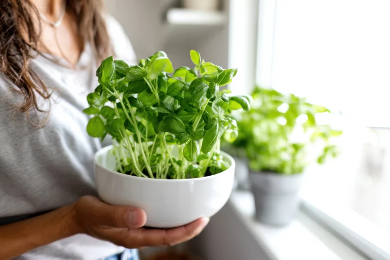 Woman holding a white bowl with fresh basil plants near a window