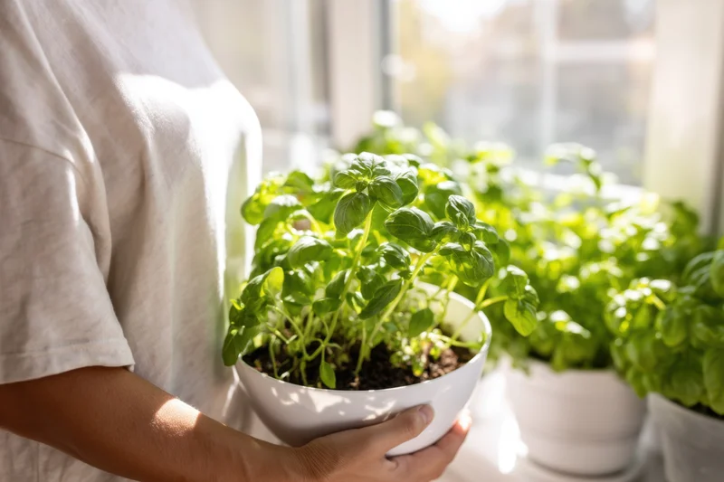 Person holding a white bowl with fresh basil plants near a sunlit window