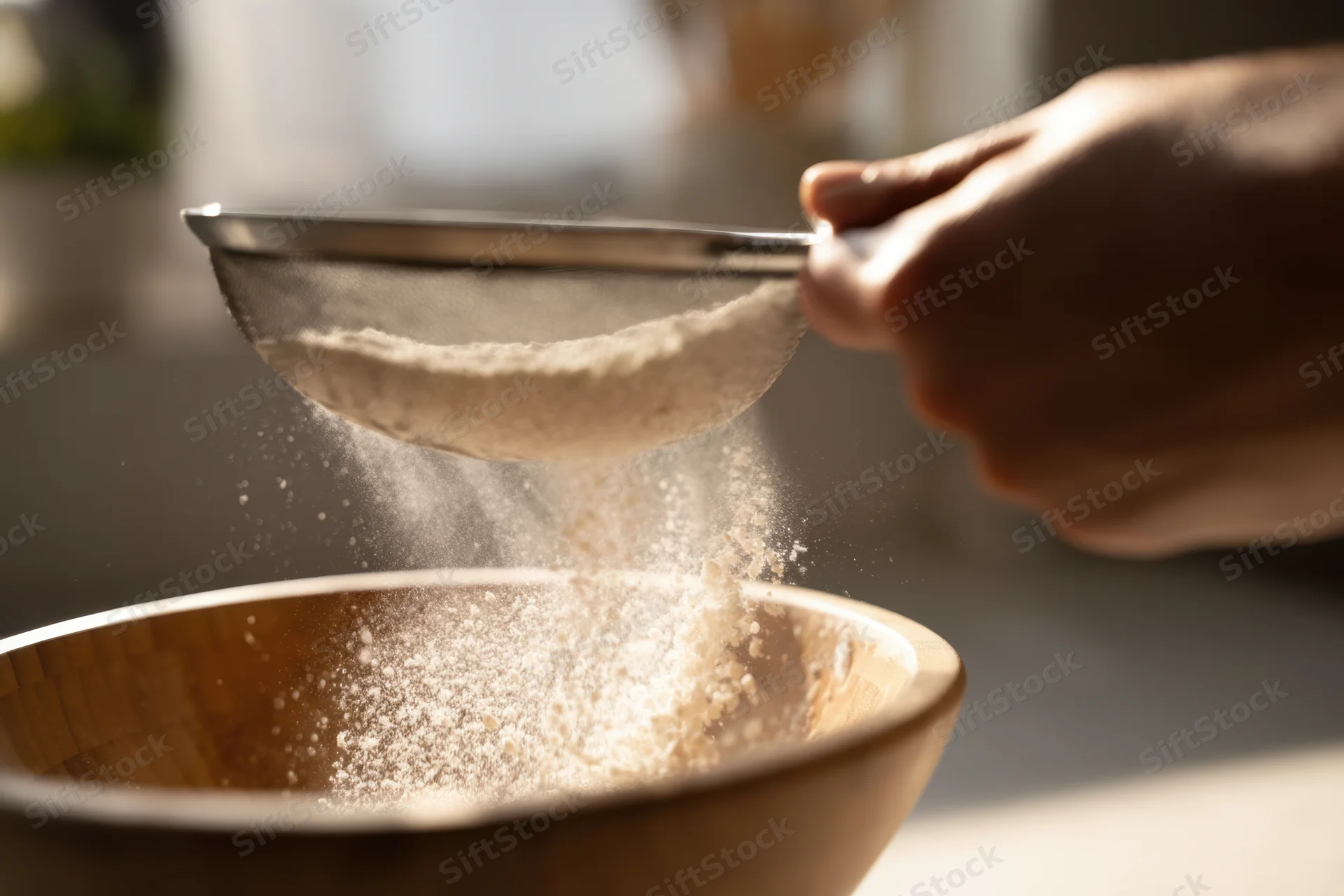 Hand sifting flour through a fine-mesh sieve into a wooden bowl in a kitchen setting