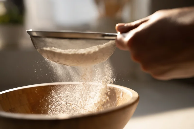 Hand sifting flour through a fine-mesh sieve into a wooden bowl in a kitchen setting