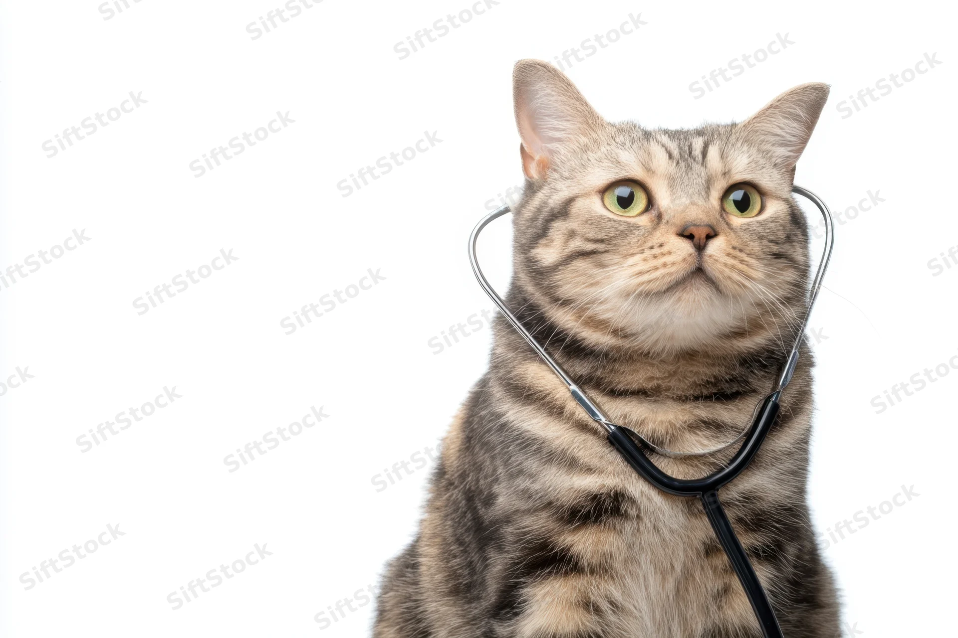 Gray tabby cat sitting with stethoscope around neck on white background
