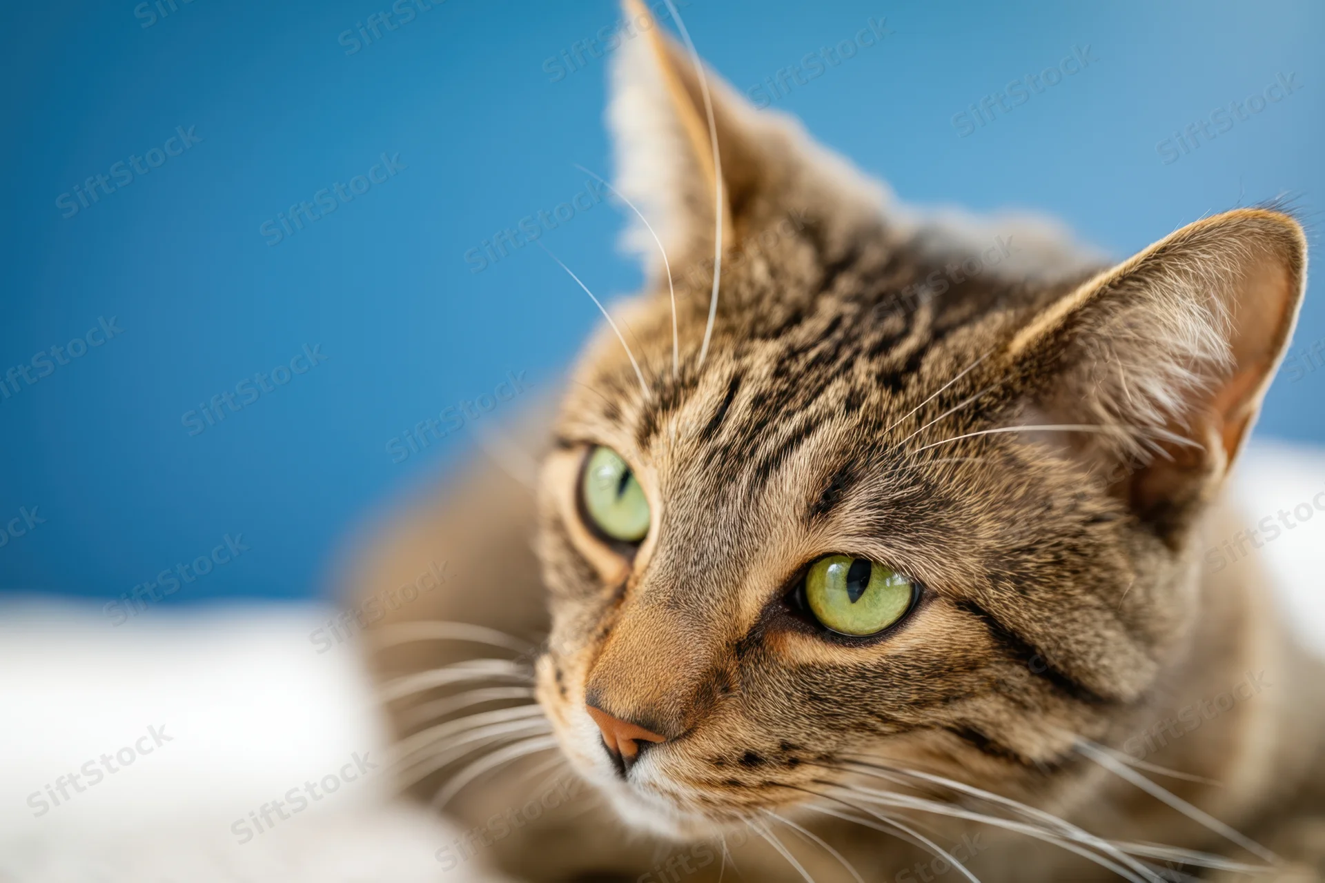 Tabby cat resting on soft surface with blue background and copyspace