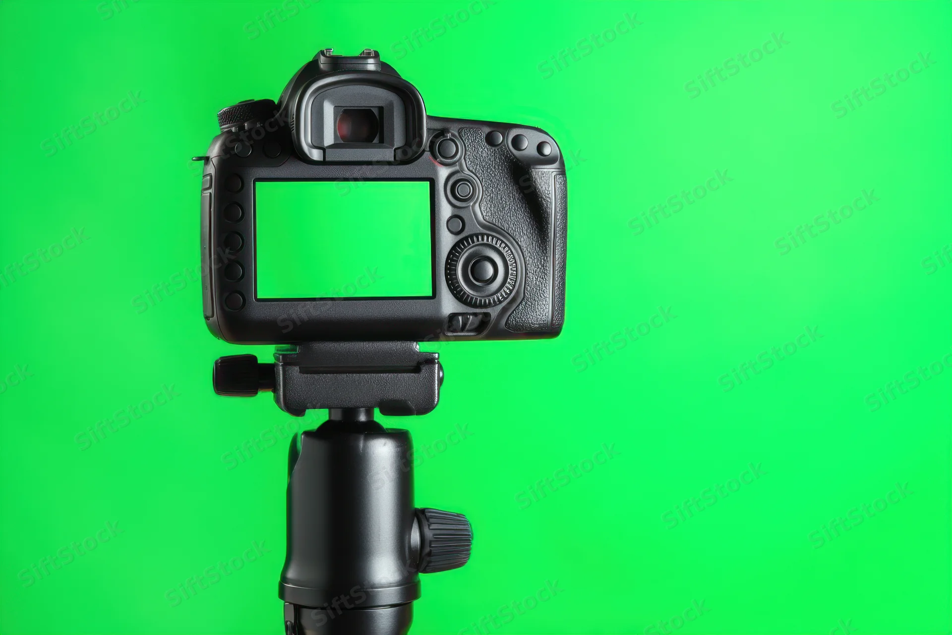 Professional dslr camera mounted on tripod against green background with blank screen and copyspace