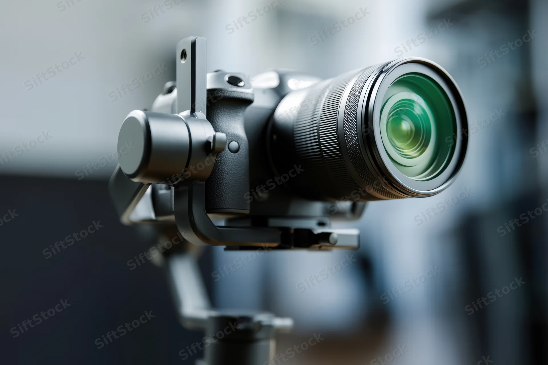 Professional camera mounted on gimbal stabilizer with zoom lens in closeup view