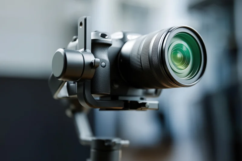 Professional camera mounted on gimbal stabilizer with zoom lens in closeup view