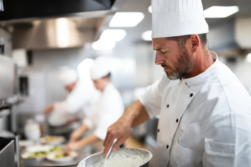 Chef stirring a mixing bowl in a commercial kitchen with other chefs working in the background