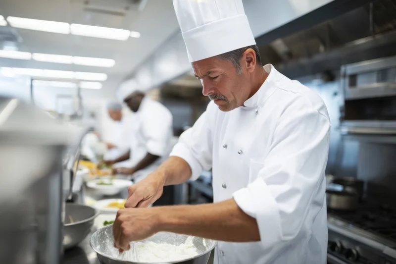 Chef stirring flour in a mixing bowl in a commercial kitchen