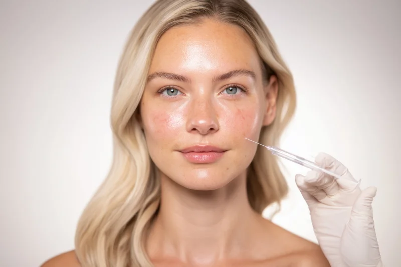 Woman receiving facial injection during cosmetic treatment in studio setting