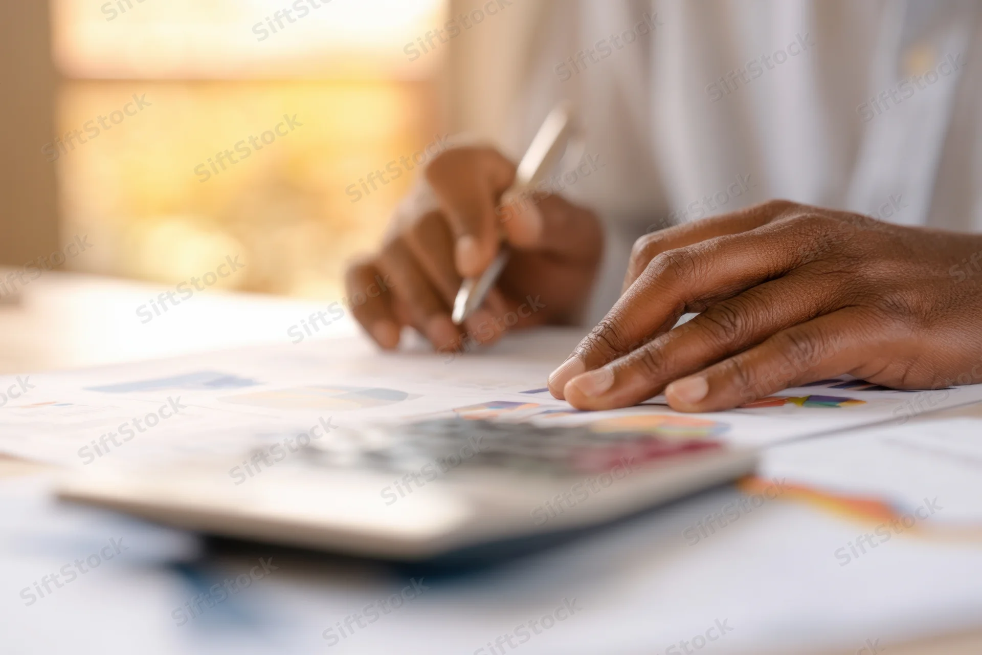 Businessperson’s hands reviewing financial documents with pen and calculator on desk