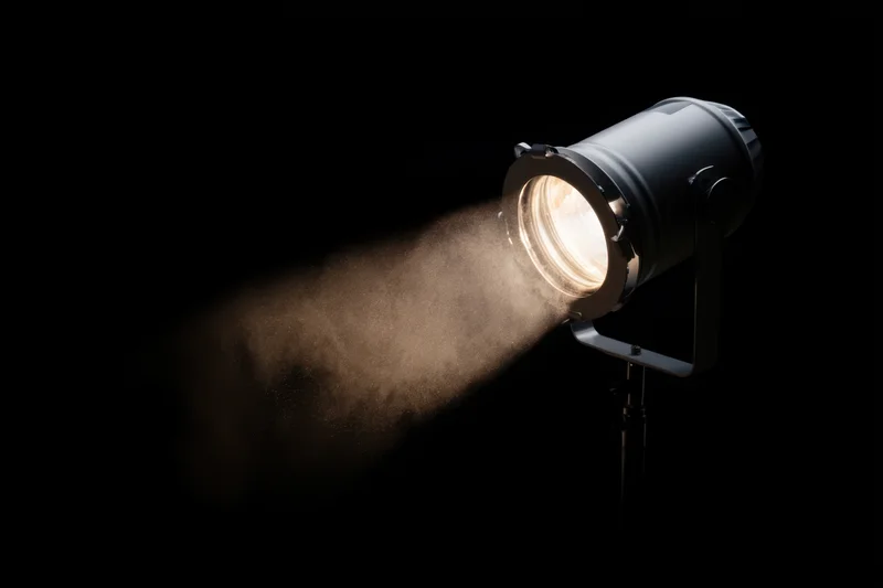 Professional studio spotlight emitting a focused beam of light through smoke against a black background