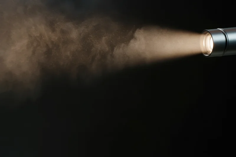 Studio spotlight casting a focused beam of light through smoke in a dark environment