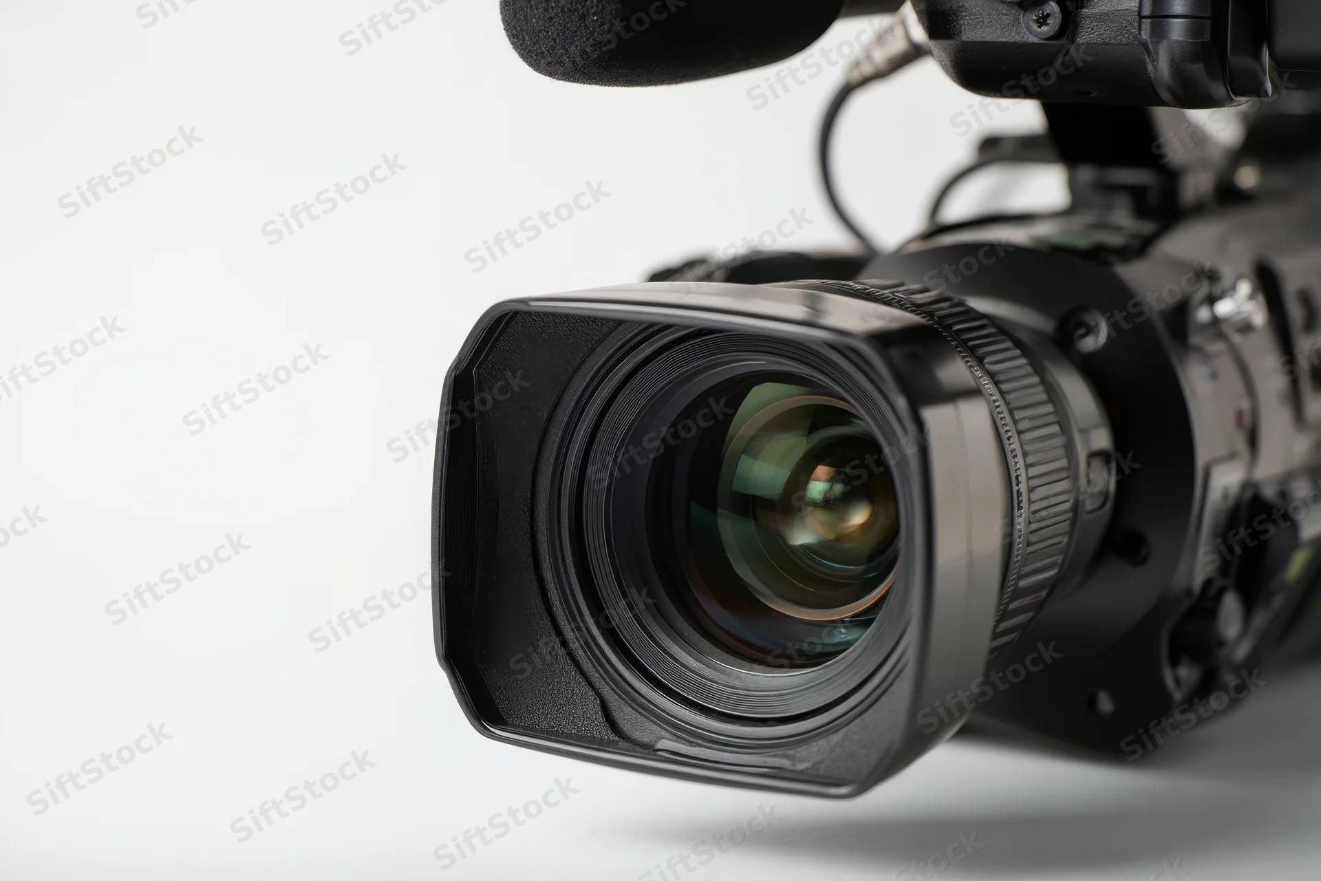 Professional video camera with large lens and attached microphone on white background