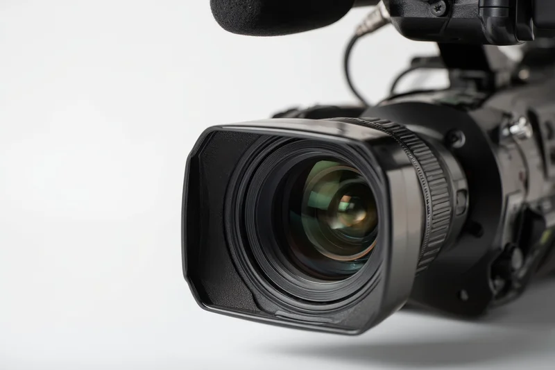 Professional video camera with large lens and attached microphone on white background