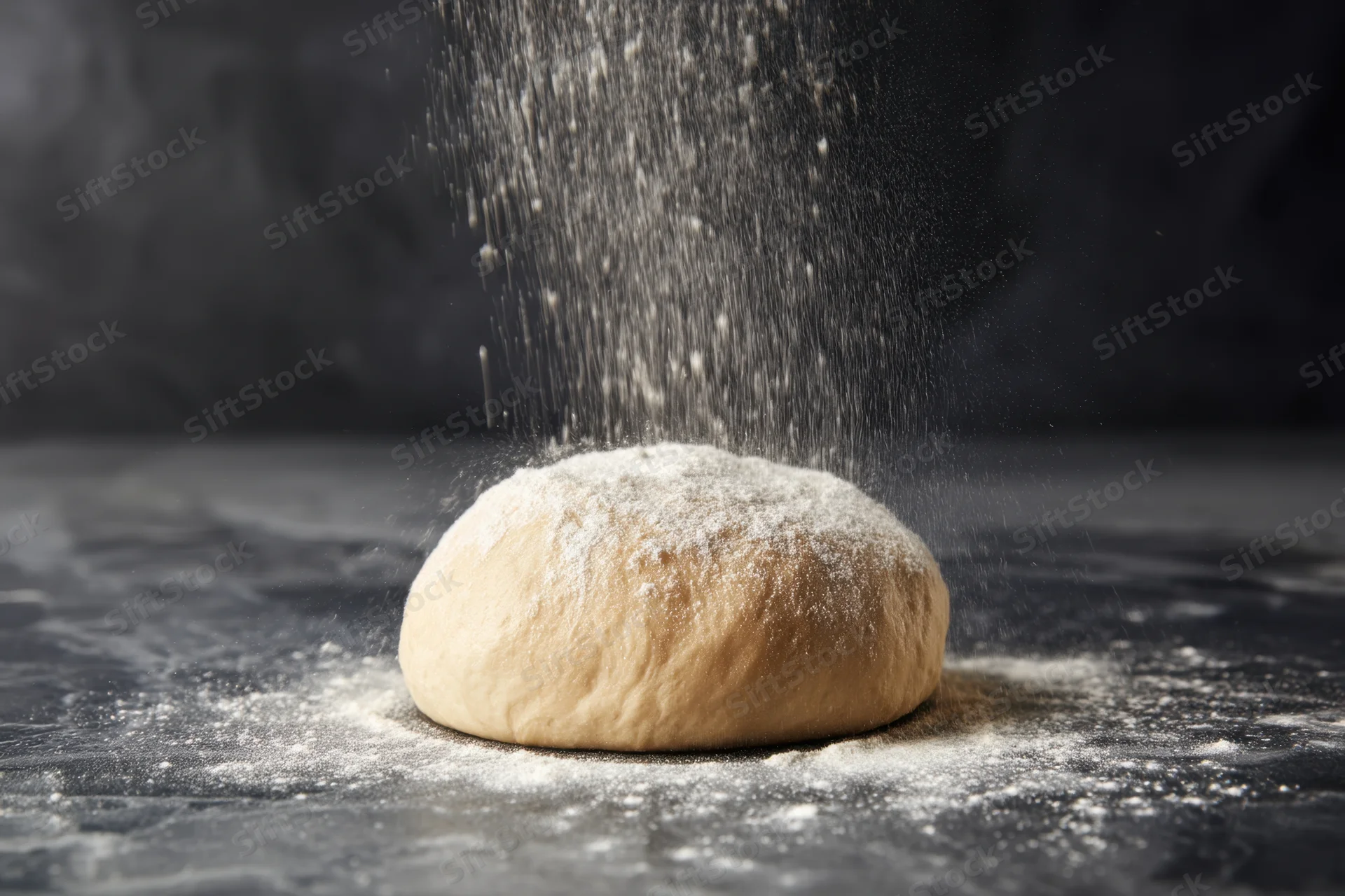 Round ball of dough being sprinkled with flour on dark marble surface