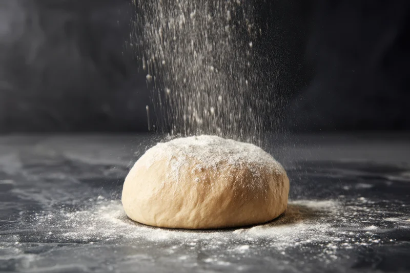 Round ball of dough being sprinkled with flour on dark marble surface