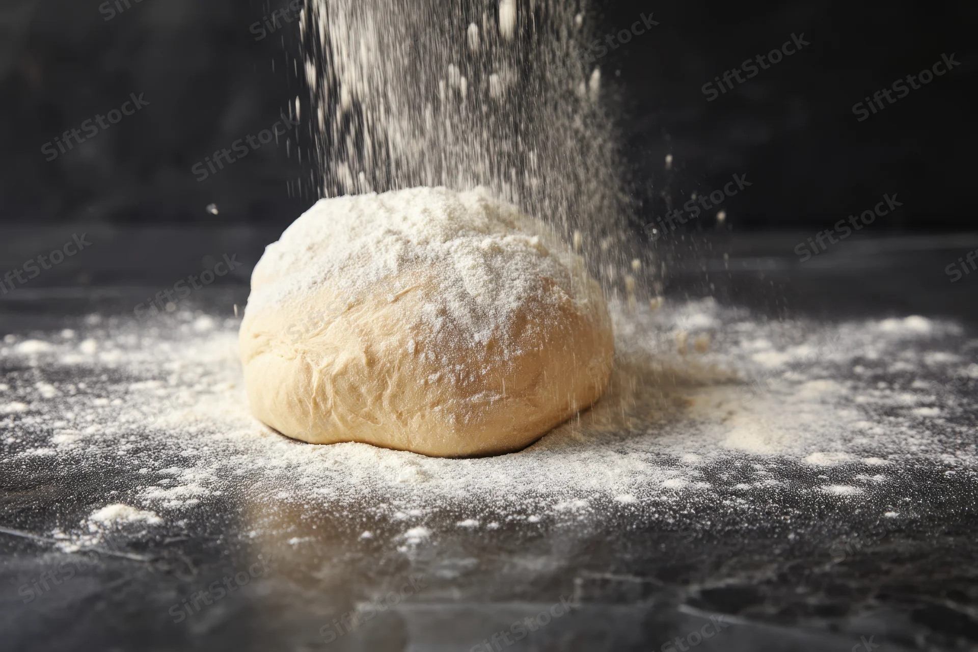 Round ball of dough resting on dark marble surface with flour falling around it